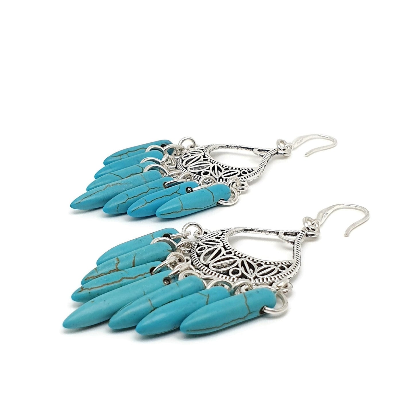 Turquoise Blue Howlite Chandelier Boho Earrings Long Dangle Drop