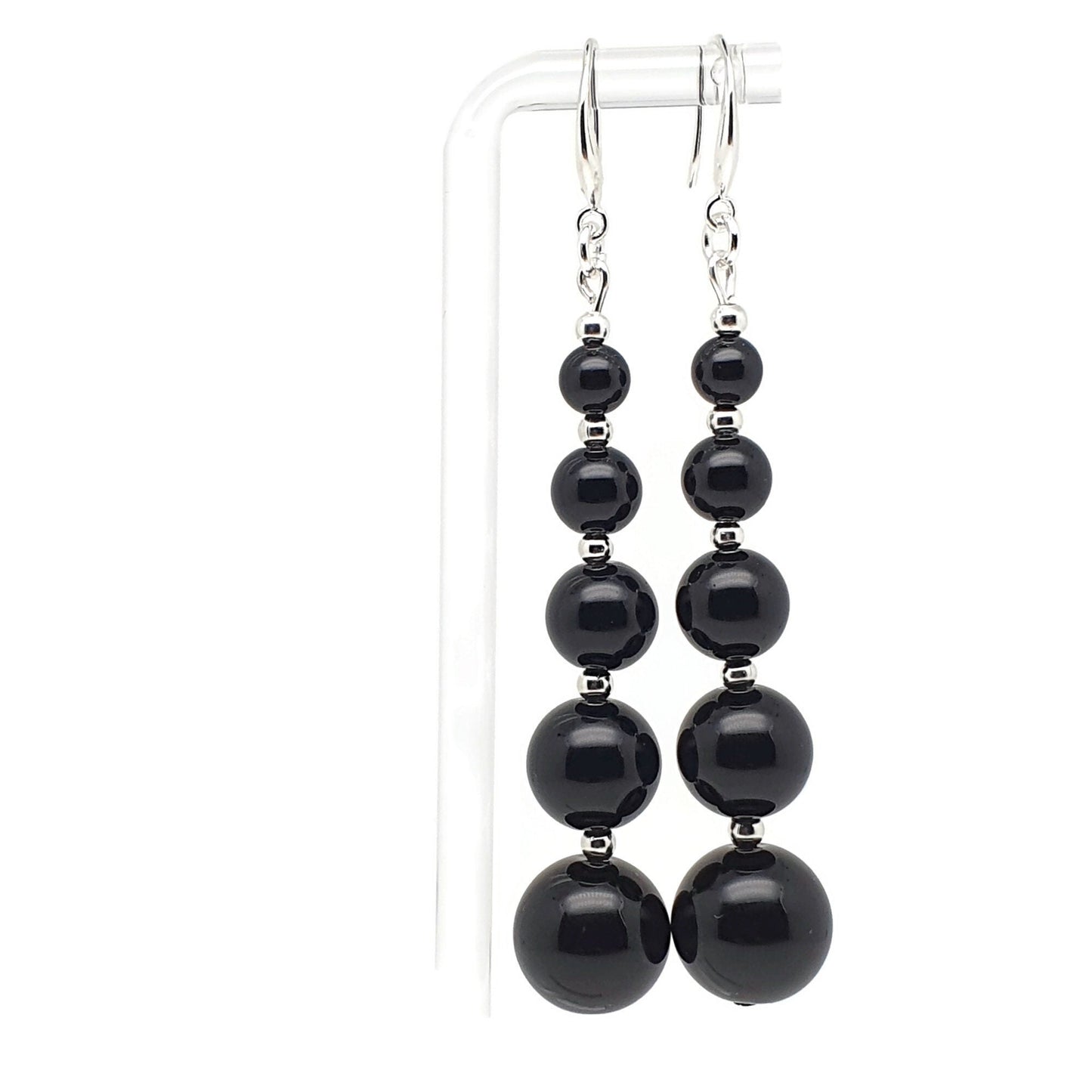 Black Agate Beaded Graduated Long Dangle Drop Boho Earrings