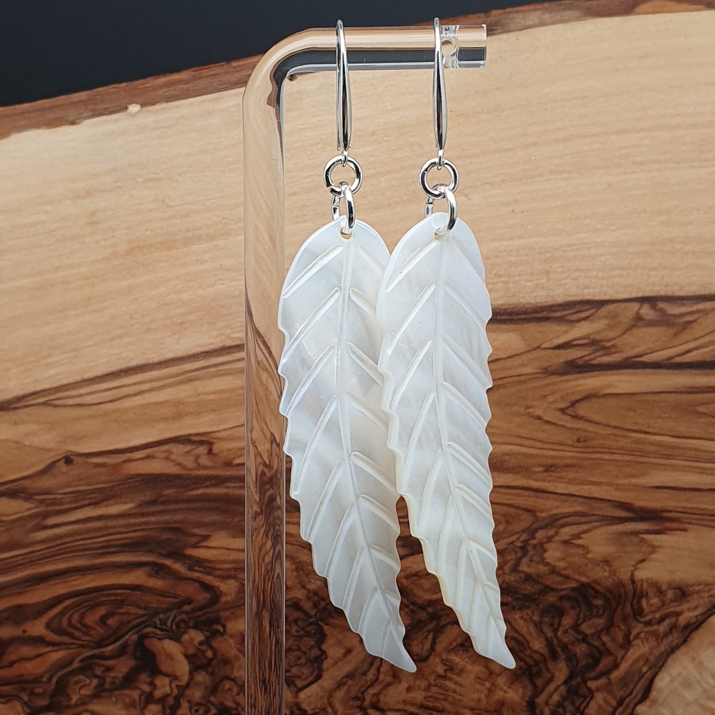 Long White Leaf Shell Earrings Carved Natural Mother of Pearl