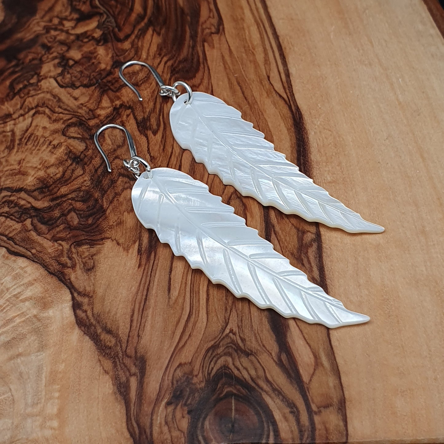 Long White Leaf Shell Earrings Carved Natural Mother of Pearl