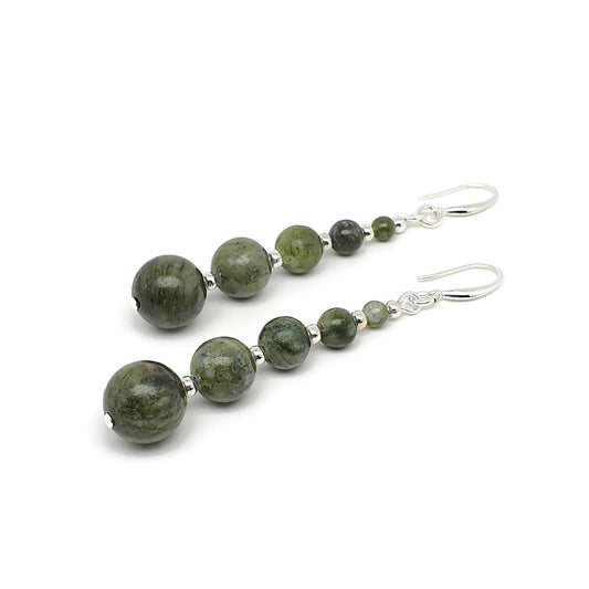 Green Jade Beaded Graduated Boho Earrings Long Dangle Drop